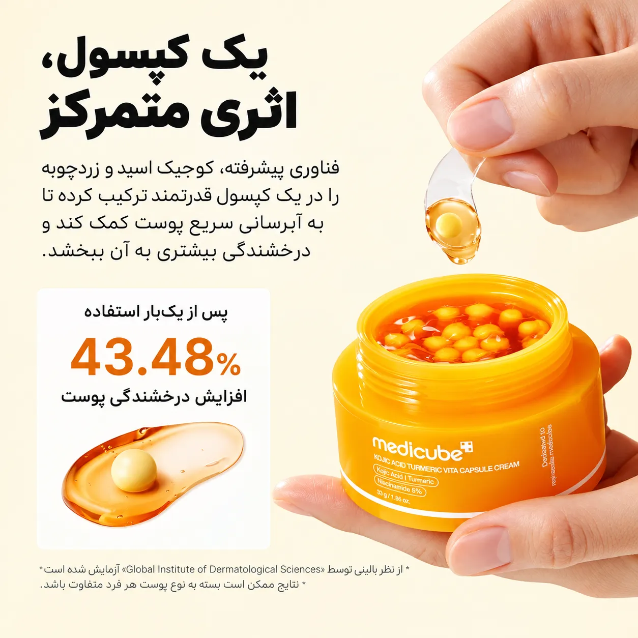 بسته کرم کپسولی روشن‌کننده پوست مدیکیوب در دست، همراه با یک کپسول جداشده و نمایی از کپسول‌های زرد داخل ظرف باز